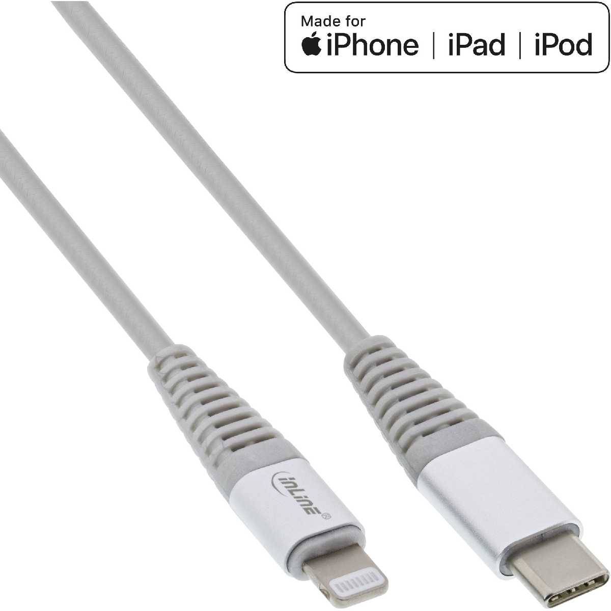 InLine USB-C Lightning Kabel für iPad iPhone iPod silber/Alu 1m MFi-z